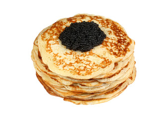 isolated pancakes with black caviar