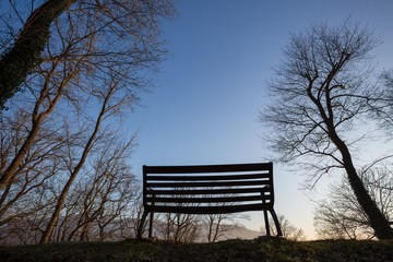 Fototapeta na wymiar silhouetted park bench in sunset light