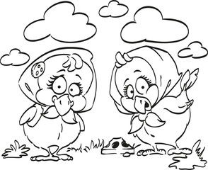 Chickens pecking seeds in the yard.