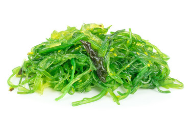 A portion of fresh wakame seaweed on a white background - obrazy, fototapety, plakaty