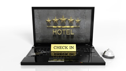Laptop with hotels reception items and Five Stars Hotel 