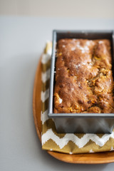 Closeup on baking dish with bread on table