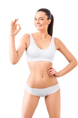 Fototapeta premium Woman with perfect sim body show Ok sing in white underwear on
