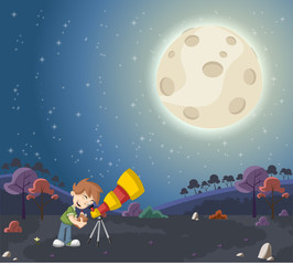Cartoon boys using a telescope to look at the moon
