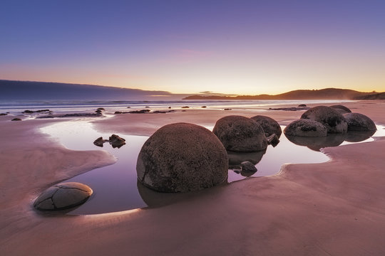 Famous Moeraki Boulders at low tide, Koekohe beach, New Zealand