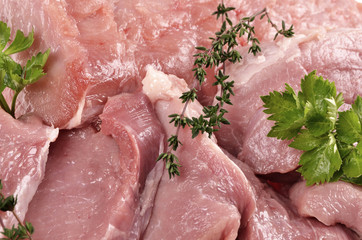 Raw pork with  fresh spices close-up..