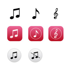 Musical icons and buttons with notes and treble clef