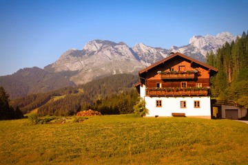 Fototapeta na wymiar Austria mountain village. Filtered color tone.