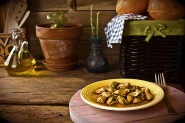 Still life of marinated mussels