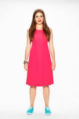 Woman in red dress. Full body isolated white background