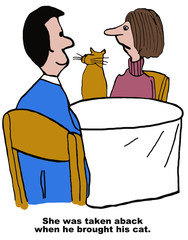 Cartoon of first date, she was annoyed when he brought his cat. - obrazy, fototapety, plakaty