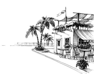 Traditional restaurant by the sea shore sketch