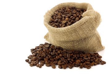 coffee beans in a burlap bag on a white background