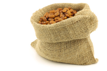 brown beans in a burlap bag on a white background