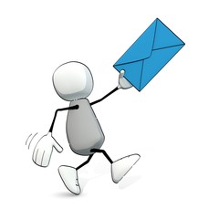 little sketchy man hurrying with a blue letter