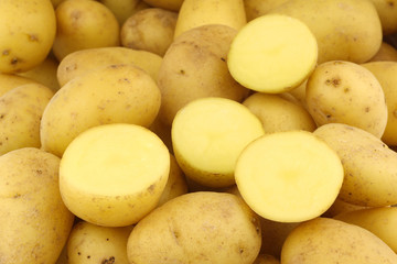background of dutch seed potatoes  (krieltjes) and a cut one