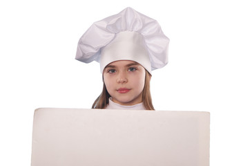  The girl with chef hat indicates with billboard  isolated on the white and blue background