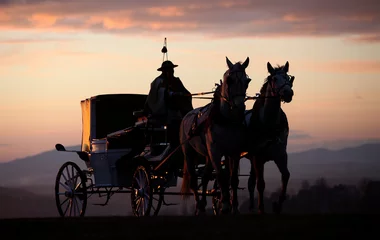 Foto op Plexiglas Romantische stijl de koets te paard bij zonsondergang