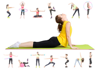 Women doing exercises, yoga isolated