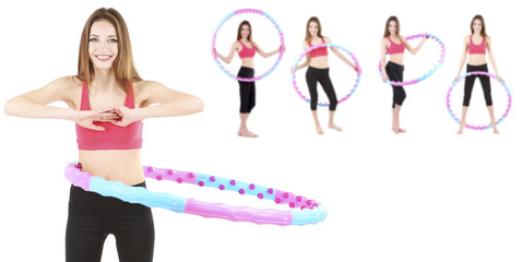 Woman doing exercises with hula hoop isolated