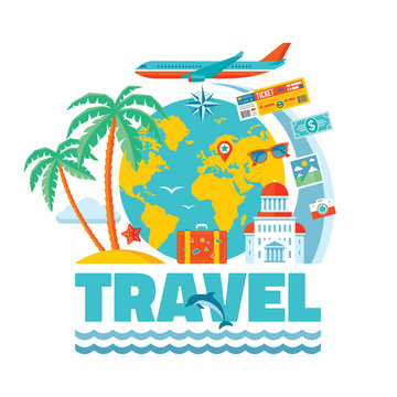 Travel - vector concept illustration in flat style. Icons set.