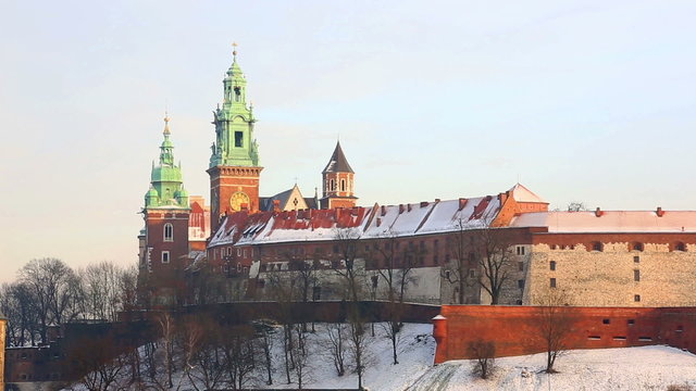 View of the Wawel castle and the Vistula River in Krakow in wint