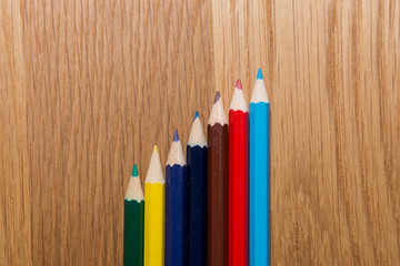 Color pencils next to each other in stairs look on wooden table