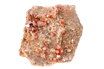 Vanadinite red crystals, mineral isolated on white background