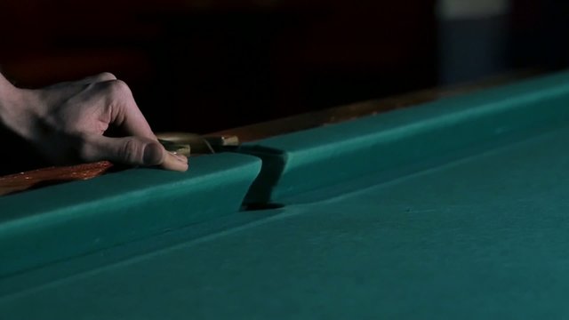 Cue Hits Red Pool Ball. Slow Motion