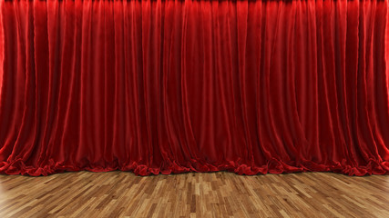 3d rendering theater stage with red curtain and wooden floor