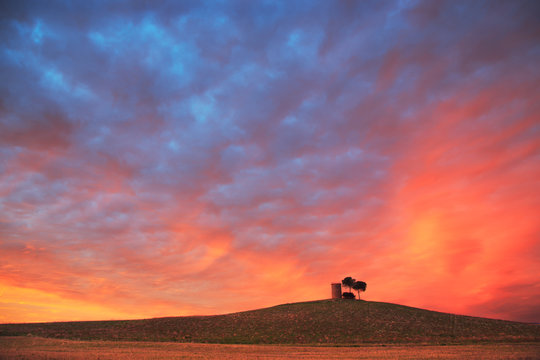 Tuscany, Maremma red sunset landscape. Rural tower and tree on h