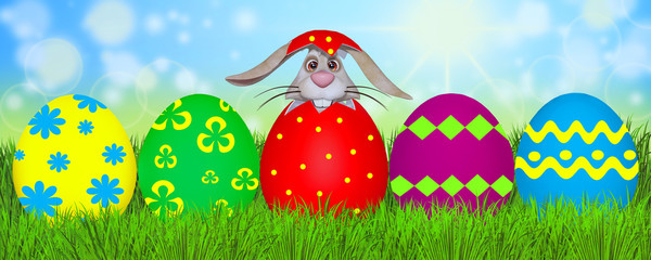 Easter bunny in the eggshell with many colorful easter eggs