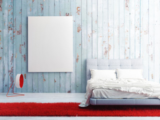 poster on blue wooden wall, bedroom 3d illustration
