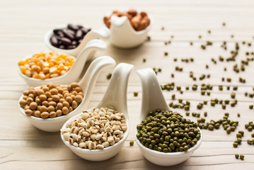collection set of beans, legumes, peas, lentils on ceramic spoon