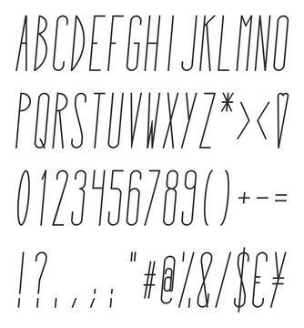 Tall And Skinny Italic Alphabet, Numbers And Symbols
