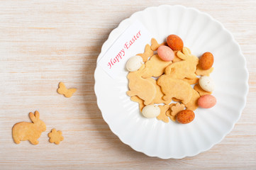 Easter cookies in the shape rabbits and eggs