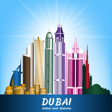 Colorful City of Dubai UAE Famous Buildings