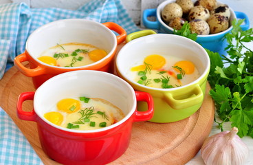 Italian style, Eggs baked with mozzarella and green onion,