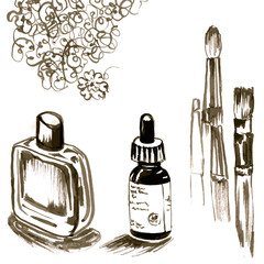 Ink sketch with brushes, bottles and doodles