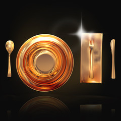 Gold set of dishes with appliances on black background
