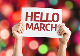 Hello March card with colorful background with defocused lights