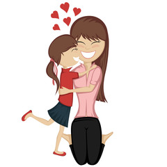A cute brunette girl hugs her brunette mother with love.