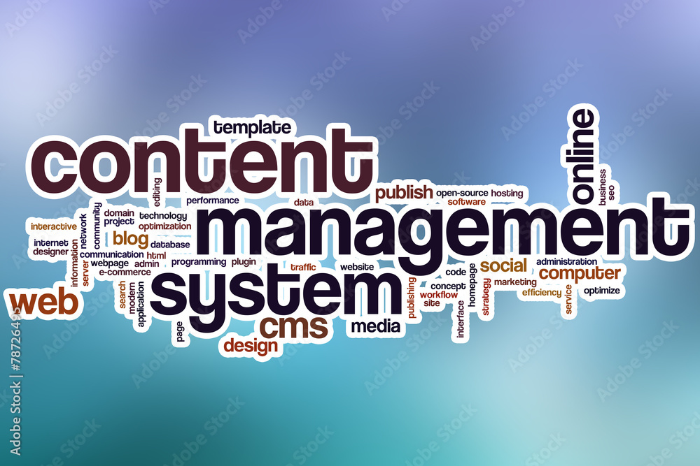 Poster content management system word cloud with abstract background