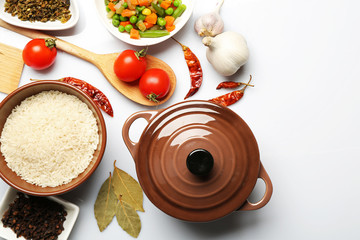 Food ingredients and kitchen utensils for cooking isolated