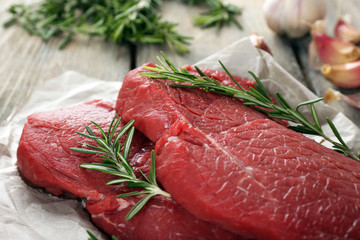 Raw beef steak with rosemary and garlic