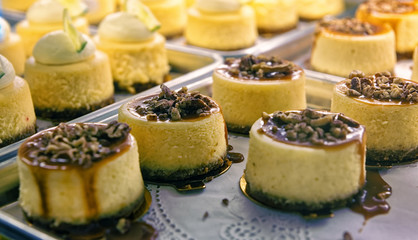 Cheesecake with nuts  on the cafe storefront