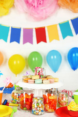 Prepared birthday table with sweets for children party