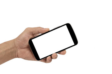 Hand holding White Smartphone, mobile, with blank screen on white isolated background, mobile.