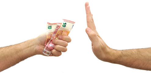 Man hand refusing money offered. Rejecting an offer of euros