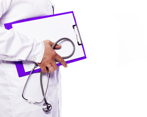 Doctor holding a clipboard and stethoscope over white background